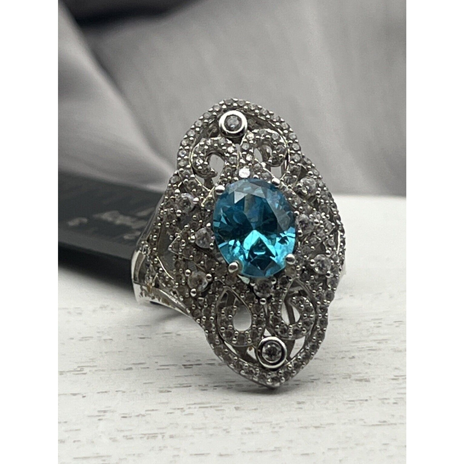 Designer Signed Bbj 925 Sterling Silver & Blue Topaz Ring Size 9